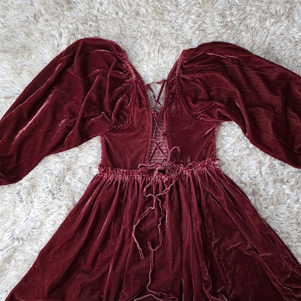 Velvet Smocked Mini Dress - Burgundy - Picture 10 of 16